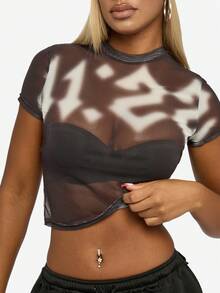 SUMWON WOMEN Crop Top Mesh Baby Tee Short Sleeve Semi Sheer Summer Festival Layering Essential - Black - View 4