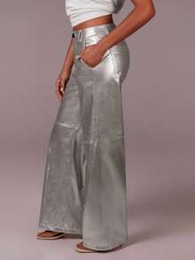 Athîral Pantaloni sport largi cu talie înaltă și buzunare argintii pentru femei