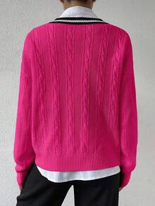 Chiquease Áo len cổ trễ vai màu tương phản thường ngày, Thu/Đông - Màu Hồng Tươi - Xem 2