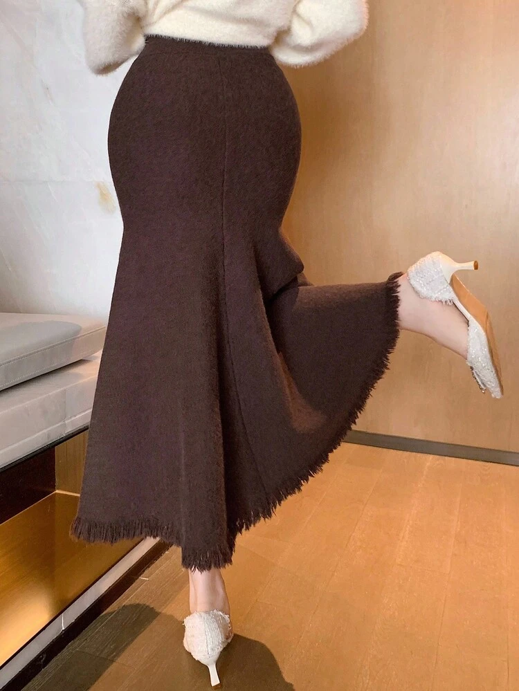 Women's Elegant Solid Color Fish Tail Fringe Sweater Skirt, Autumn Winter Women Skirts