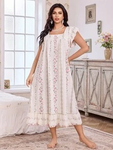 CottageSlumber 花卉印花拼布荷叶边方领加大码女式睡袍 - 彩色 - 查看 5