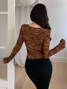Feyla Women's Casual Urban Flocked Long Sleeve Single-Breasted Pleated Shirt Brown Ruched Top Brown Blouse Coffee Brown Top Brown Long Sleeve Top Dark Brown Top Autumn Women Long Sleeve Top Women's Winter Clothes - Coffee Brown - View 5