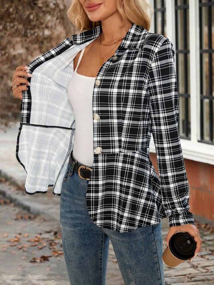Women's Plaid Long Sleeve Metal Button Design Casual Regular Jacket In Fall/Winter