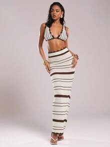 SHEIN BAE Women's High Waist Striped Fitted Knit Skirt In Fall/Winter - Coffee Brown - View 6