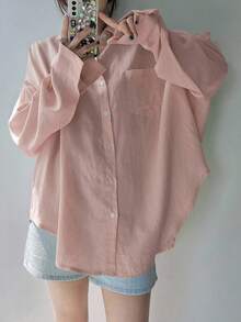 DAZY Women's Classic Solid Color Oversized Collar Shirt,Fall Clothes Long Sleeve Top - Dusty Pink - View 5