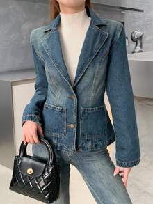 Teen Girl Blue Denim Lapel Long Sleeve Fitted Jacket,Fall Clothes,Autumn Clothes ,Casual And Fashionable Vacation Outfits,Old Money Denim  Jacket Winter - Dark Wash - View 7