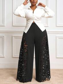 Veslaya Quần ống rộng phối ren dự tiệc thanh lịch mới 2025, Thu/Đông - màu đen - Xem 8