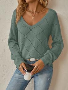 Maglione casual lavorato a maglia con scollo a V e maniche a raglan, colore unito, ampio e comodo, da donna
