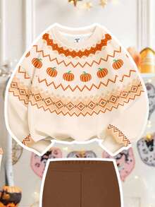 SHEIN Bộ đồ Happikins màu kem và cam họa tiết bí ngô Fair Isle dễ thương "Mùa bí ngô! Không khí mùa thu" gồm áo nỉ dài tay cổ tròn dày dặn mềm mại và quần legging cho bé gái, trang phục mùa thu, thoải mái dễ chịu, nhiều lớp áo mùa thu cho bé gái, trẻ em sành điệu, trang phục thường ngày, quần áo in hình cho bé, quần áo mùa thu, thích hợp cho ở nhà, nông trại, dã ngoại, tiệc Halloween, Lễ Tạ ơn và mùa đông. - Nhiều màu - Xem 4
