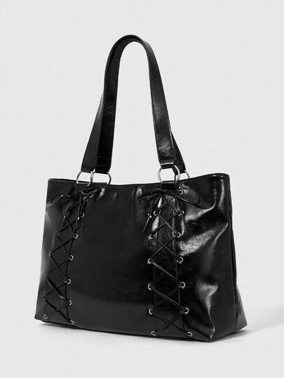 Grunge Punk Women's Fashion Large Capacity PU Tote Bag With Chicken Eye Lace-Up Design