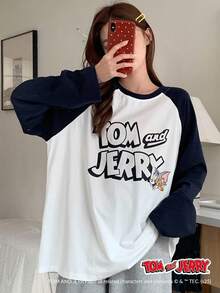 DAZY TOM AND JERRY X DAZY 2pcs Loose Cartoon Print Patchwork Raglan Sleeve Women Pajama Set, Fall Winter Clothes