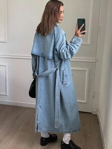 DAZY 女士宽松休闲长款牛仔夹克，秋冬 - 藍色 - 查看 2