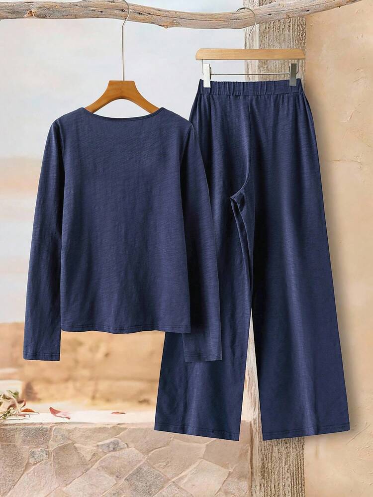 2pcs Women Casual Solid Color Round Neck Long Sleeve Top And Pants Set, Autumn  Chic   Country WILDY Fall Autumn Winter  Female Country Look Country For Women  Country Country Outfits For Women Women's Winter Sweater Fall Women Clothes  Fall Clothes For Women  Autumn Clothes  Thanksgiving Outfit For Women Elegant Women's Set