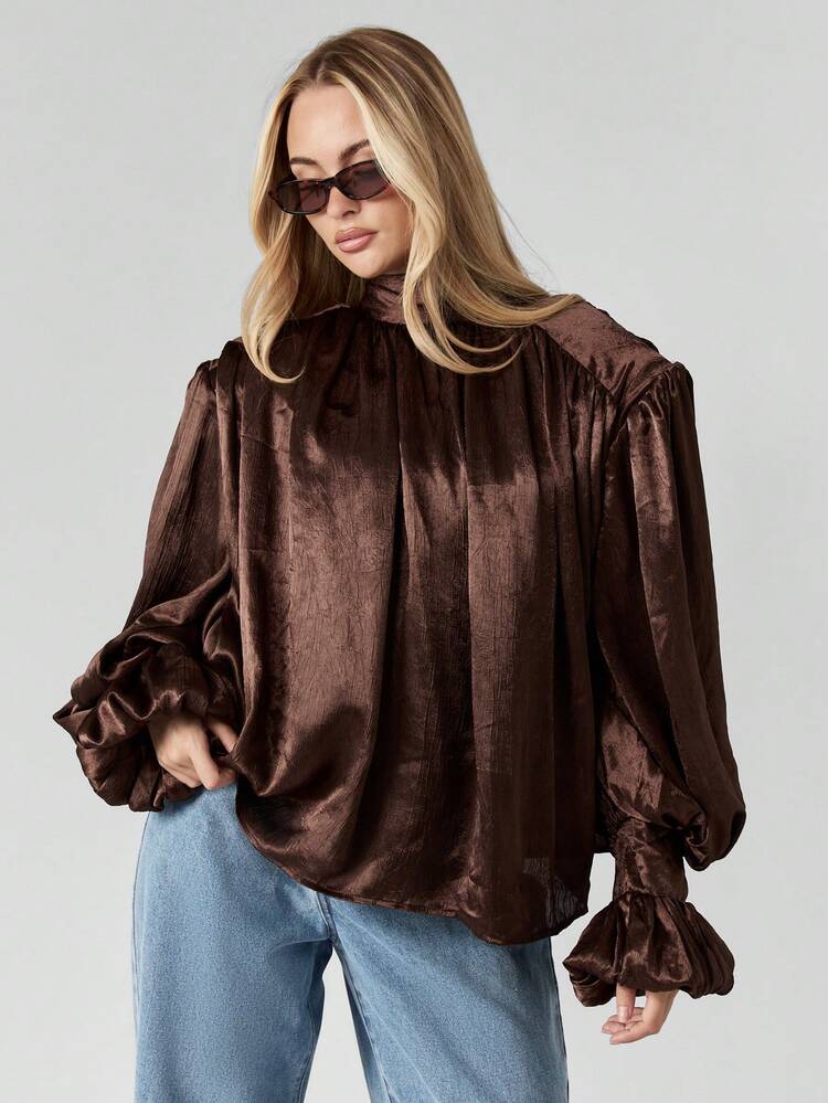 MISSGUIDED Voluminous Chocolate Brown Satin Co-Ord Set With Puff Sleeve Mock Neck Top And Wide Leg Pants For Evening Occasions Autumn Winter Collection