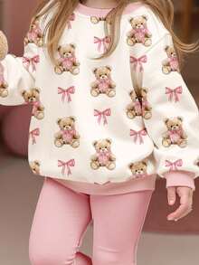 SHEIN Bộ 2 món màu trắng kem & hồng kem, áo nỉ dài tay cổ tròn in hình gấu dễ thương với nơ và quần legging, thích hợp cho mùa thu & đông, trang phục thoải mái, lớp áo mùa thu & đông cho bé gái, bé gái sành điệu, trang phục thường ngày, quần áo in hình cho bé gái, quần áo mùa thu & đông, mùa thu sang trọng, áo gấu kiểu mới cho bé gái, quần áo mùa thu và mùa đông, bộ đồ mùa đông cho bé gái, quần áo Kawaii cho trẻ em. - Nhiều màu - Xem 4