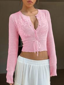 SHEIN Unity Women's Floral Pattern Hollow Out Knit Button-Up Cardigan - Baby Pink - View 7