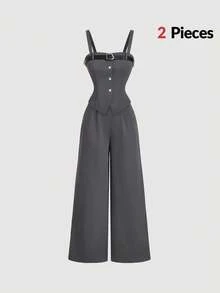 SHEIN MOD 女士灰色背心、西装外套和长裤套装、办公室套装、秋季套装、商务休闲女装、女士两件套、两件套裤子