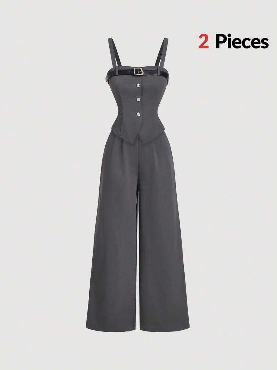 SHEIN MOD 女士灰色背心、西装外套和长裤套装、办公室套装、秋季套装、商务休闲女装、女士两件套、两件套裤子