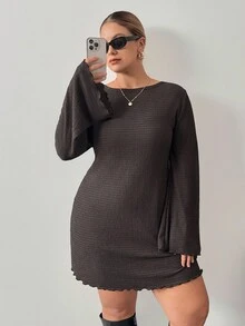 SHEIN PETITE CURVE 大码女式休闲纯色优雅喇叭袖连衣裙 - 棕色 - 查看 6