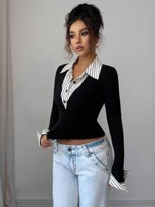 Rafferiza Gå ut Casual Mode All-Match Pendling Höst- och vinterkläder Damkläder Randig skjortkrage Skarvningar Resår Svarta borstade ränder Midjebantning 2-i-1 Damkläder för lärare Dam höst- och vinterlångärmad T-shirt Dam T-shirt Svart topp - Svart - Visa 4