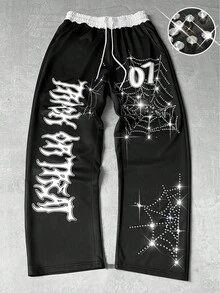 PAVTROS Manfinity Streetrush Men's Rhinestone Letter Print Drawstring Waist Sweatpants Black Graphic Sweat Pants Spider Sweatpants Harajuku Pants Rhinestone Sweatpants Goth Sweatpants - Multicolor - View 1