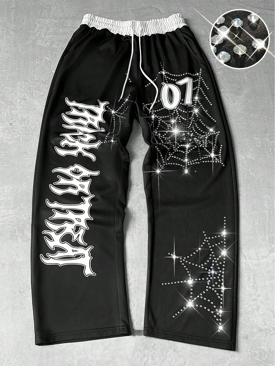 PAVTROS Manfinity Streetrush Men's Rhinestone Letter Print Drawstring Waist Sweatpants Black Graphic Sweat Pants Spider Sweatpants Harajuku Pants Rhinestone Sweatpants Goth Sweatpants - Multicolor - View 1