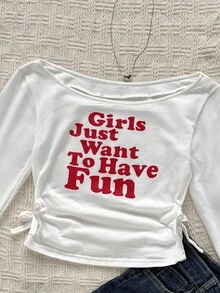 青少年女孩 T 恤休闲红色女孩只想玩得开心比口号白色露肩领文字印花短腰聚拢短袖紧身裤，春夏季，基本款，日常，百搭，运动时尚夏季上衣，返校季，校服