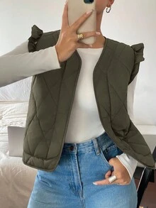 Siren Gaze Veste sans manches décontractée à col ouvert de couleur unie pour femmes, hiver - Militaire verte - Voir 5