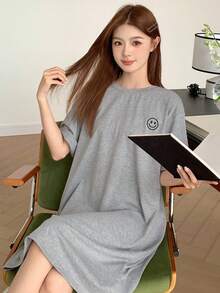 DAZY Minimalist Cute Expression Embroidered Homewear Dress, Moo Moo Pajama