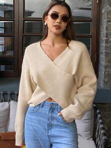 DAZY Women's Elegant Solid Color V-Neck Sweater, Autumn - Apricot - View 6