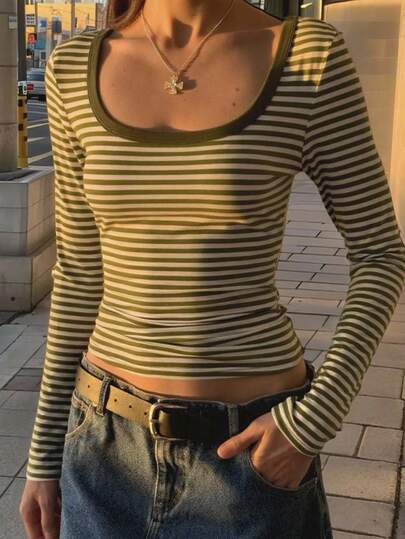 Jouncy Camiseta casual de mujer de cuello redondo, manga larga, ajustada y a rayas con contraste de color