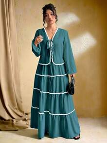 SHEIN Tall Plus Size Women Woven Textured Long Sleeve Cardigan With Tie Belt, Contrast Ruffle Hem Design, Elastic Waist Maxi Skirt, French Elegant Romantic 2 Pieces Set Teal Blue Dress Women Bohemian Dresses For Women Green Maxi Dress Women Tiered Maxi Dress Long Sleeve Summer Dresses
