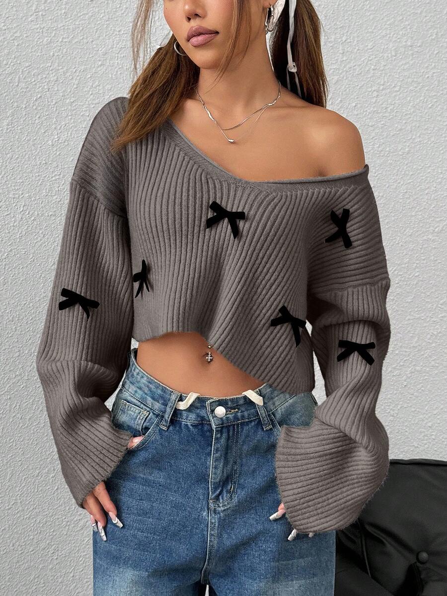 EURMUSE Women's Autumn Dropped Shoulder Long Sleeve V-Neck Loose Casual 3D Bow Knitted Sweater - Mocha Brown - View 1