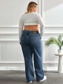 SHEIN Cottnline Plus Size Casual Washed High Waist Straight Leg Jeans - Medium Wash - View 3