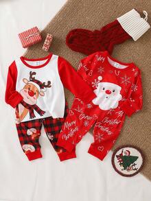 SHEIN 2件套新生儿男童圣诞印花圆领长袖上衣和松紧腰长裤套装 - 彩色 - 查看 3