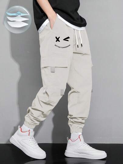 Claim Dot Loose Men's Letter Graphic Flap Pocket Drawstring Waist Cargo Pants, For Fall