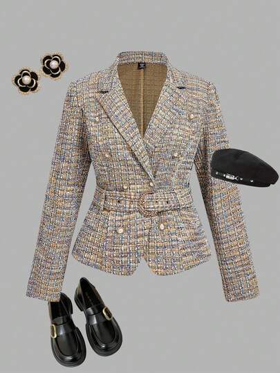 SHEIN MOD Plus Size Women's Elegant Notched Collar Double-Breasted Blazer Jacket, Vintage Style, Autumn/Winter,Winter Coats,Autumn Coats,Fall Coats, Tweed Jacket Women, Tweed Blazer Women, Women Blazers,  Rich Women Outfits