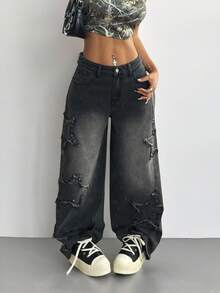 Coolane Women's Rapper Athleisure Grunge Star Pattern Washed Jeans