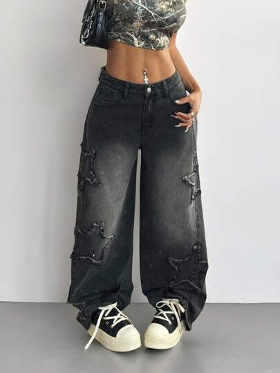 Coolane Quần jeans rách họa tiết ngôi sao phong cách Grunge Athleisure dành cho nữ của Rapper