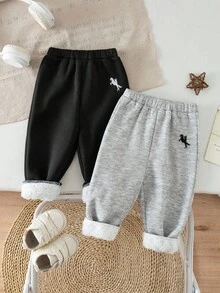 SHEIN 2Pcs Newborn Baby Girl Winter Casual Grey Fleece Long Pants Set,Small Horse Embroidered Elastic Waist Back-To-School School Trousers,Buy One Get One - Multicolor - View 2