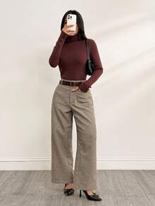 SHEIN PETITE 千鸟格加厚西装裤带前袋 商务休闲女装 卡其色女裤 职业装 女正装裤 制服裤 阔腿女裤 格子裤 格纹阔腿裤 阔腿裤 格纹裤 格子阔腿裤 秋冬女装 - 卡其色 - 查看 7