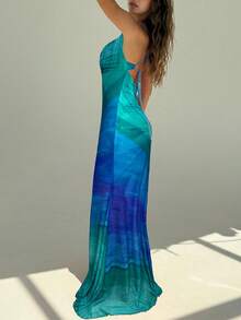 Aloruh Váy Maxi Boho hở lưng họa tiết lưới ombre cầu vồng phong cách nghỉ dưỡng mới lãng mạn nhiều màu - màu xanh lá - Xem 5