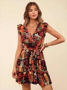 Coeurva 編織印花短袖連衣裙，小飛機圖案，適合度假，女士款 - 彩色 - 查看 1