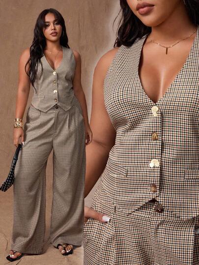 Rustia Plus Size Women 2 Pieces Set: Brown Casual Vest + Pants CASUAL