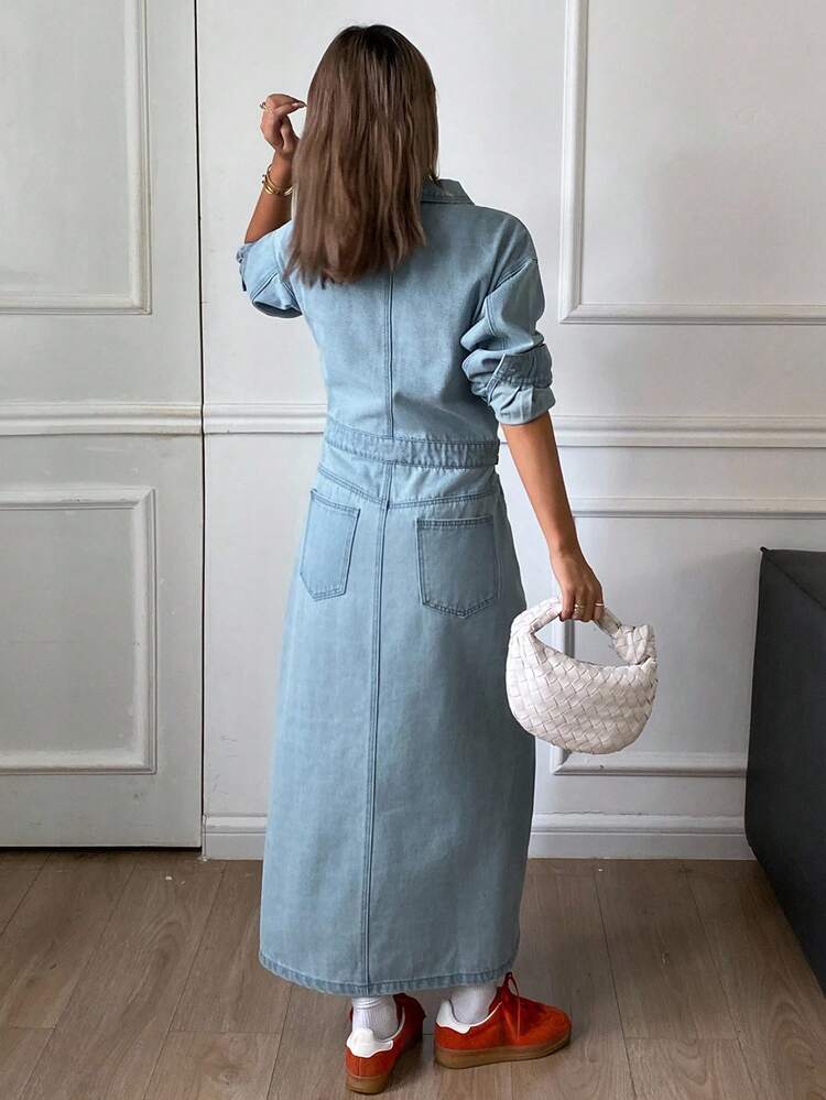 Women's Denim Dress With Collar And Waist Cinching, Early Autumn Dress