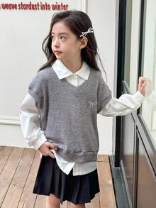 SHEIN 3pcs/Set Tween Girls Korean Style Bow Emboidery Vest And Loose Fit Shirt And Pleated Skirt,  Long Sleeve Collared Shirt Set Fall Winter - Grey - View 2