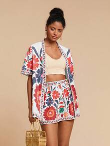 Travachic 2 件套女士度假宽松梭织短袖衬衫和高腰宽松短裤 - 白色 - 查看 4