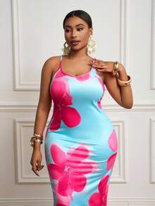 Slaydiva 大码女式无袖花卉印花修身夏装 - 藍色 - 查看 7