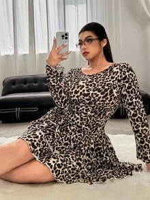 SHEIN EZwear Plus Size Women Leopard Print Ruffle Hem Stand Collar Long Sleeve Fashion Autumn/Winter Dress - Multicolor - View 1