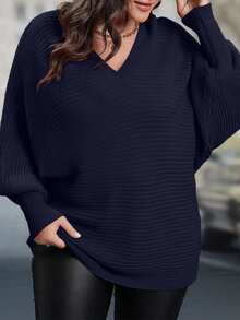 EMERY ROSE Plus Size Women's Solid Color V-Neck Batwing Long Sleeve Casual Pullover Sweater, Autumn/Winter - Navy Blue - View 3